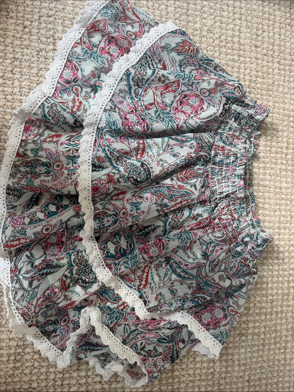 Paisley Tiered Skater Skirt with Lace Trim - White/Multi